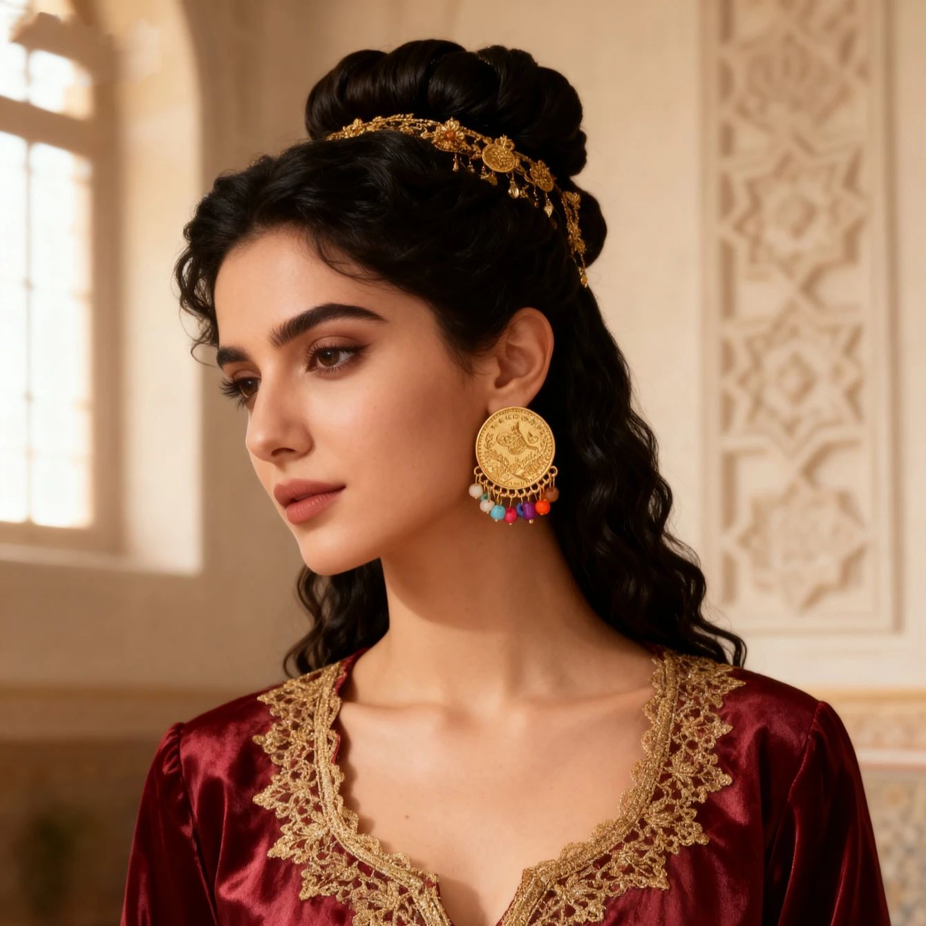 Ethnic Fashion Co In - トルコのコインイヤリング、金メッキ、クルド人の花嫁用イヤリング、中東、トーム、女性用イヤリング、結婚式、祭り、ジュエリー