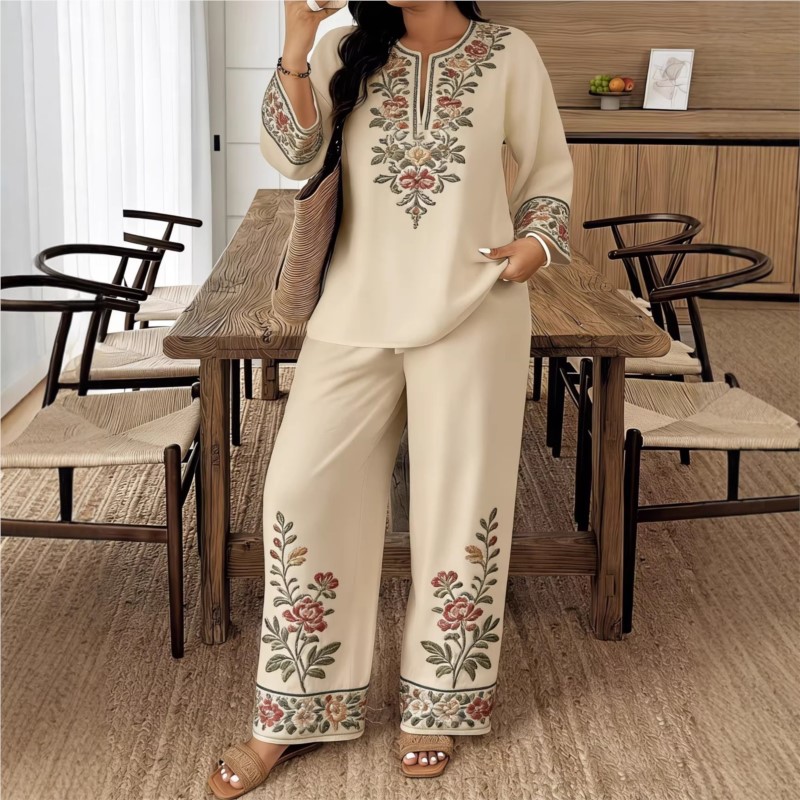 Ethnic Fashion For Ladies - ファッションレトロプリント長袖 O ネックシャツとズボンの女性のスーツ秋ルーズシンプルなエスニック女性ズボン 2 点セット