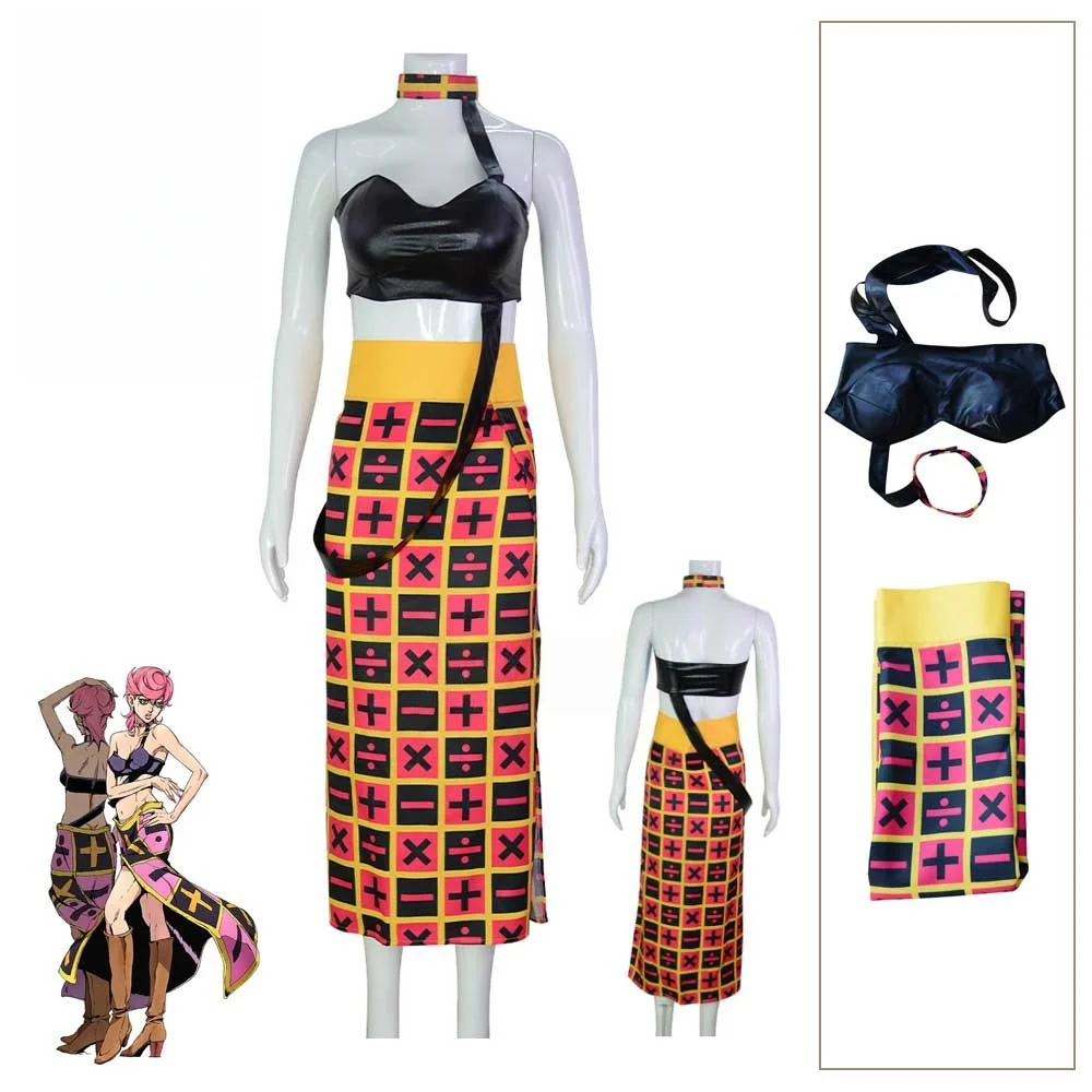 Ethnic Outfit - 女性のセクシーなカーニバルパーティースーツアニメジョジョの奇妙な冒険黄金の風トリッシュ・ウナコスプレ衣装 PU チューブトップスチェック柄スカート