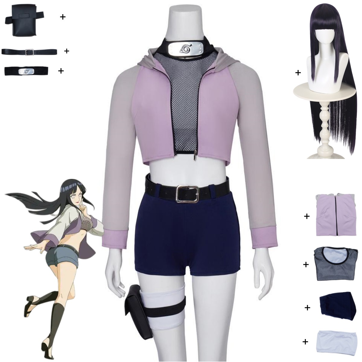 Ethnic Outfit - アニメ日向ヒナタコスプレ衣装日向一族紫フード付きパーカーコートショーツかつら女性セクシーなカーニバルハロウィンスーツ