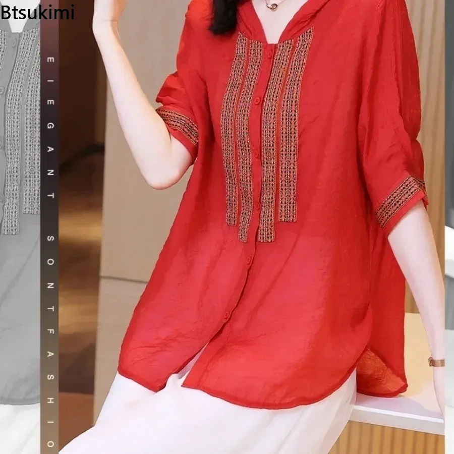 Ethnic Fashion For Ladies - ファッション女性のフード付きスプライスシャツエスニックスタイル不規則な刺繍ブラウス夏のレディースルーズストレートカジュアル通勤トップス