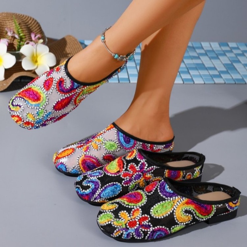 Ethnic Fashion For Ladies - レトロスタイルエスニック刺繍刺繍スリッパ夏包頭ソフトソール外側ファッション女性の靴