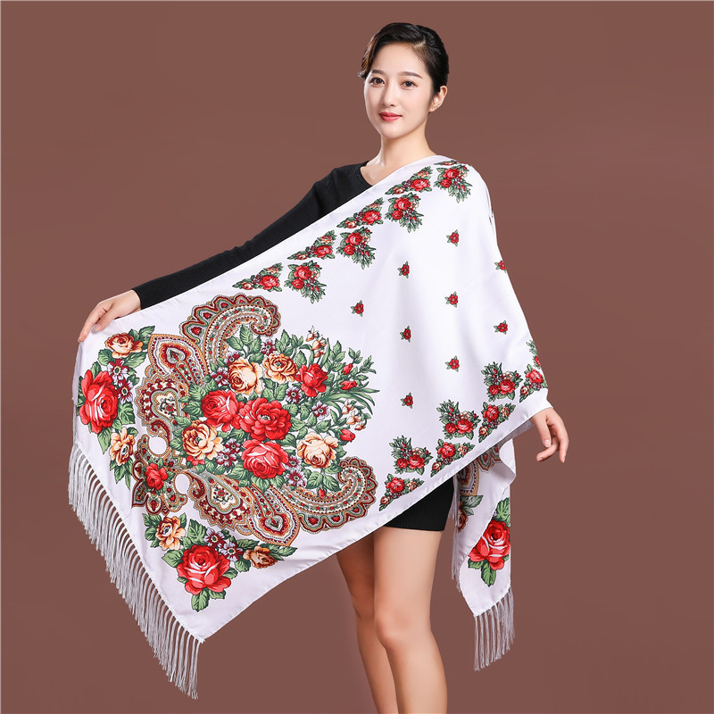 Ethnic Fashion For Ladies - ロシアスタイル高級花プリント女性スカーフエスニック房ショールバブーシュカスカーフヒジャーブヘッドラップ女性旅行サンシェードスカーフ