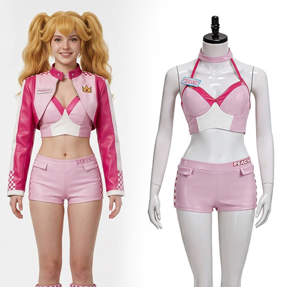 Ethnic Outfit - ゲームピーチ姫コスプレ衣装女性ピンクレザーレーシングスーツセクシーなトップショーツ衣装アニメ制服カーニバル服