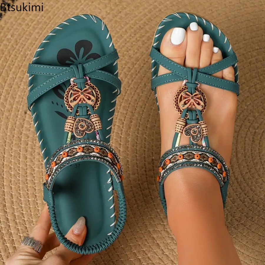 Ethnic Fashion For Ladies - 女性ボヘミアンサンダルアウトドアビーチドレスカジュアルシューズフラットエスニックシューズ女性のための快適なソフトボトムシューズサンダルファム