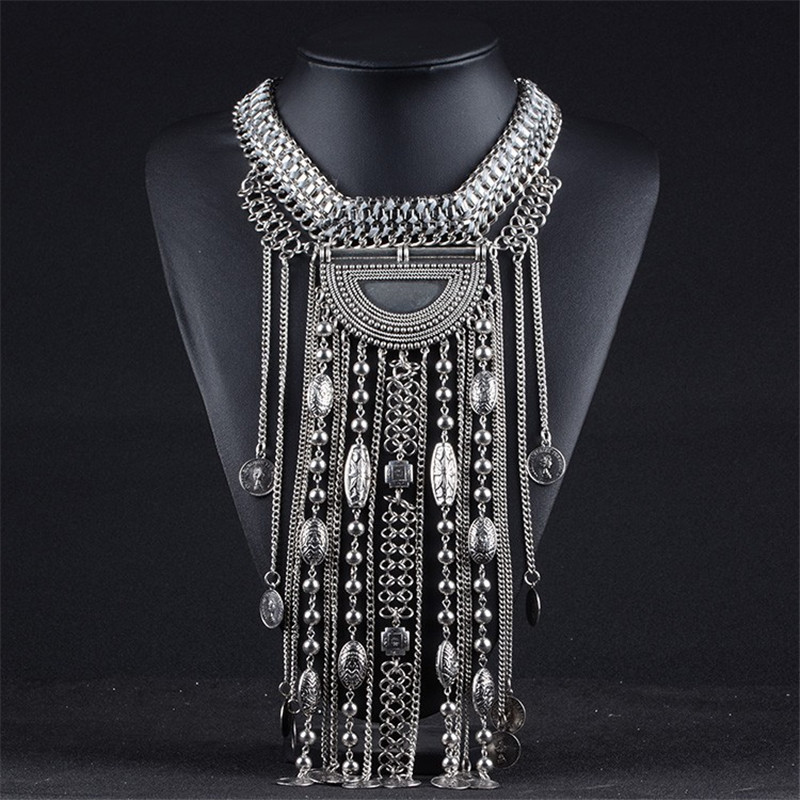 Ethnic Fashion For Ladies - 女性用タッセル付きマキシネックレス,自由奔放に生きるスタイル,インド,エスニック,ヴィンテージ,コイン,大きな分厚い襟,女性用ジュエリー,ファッション