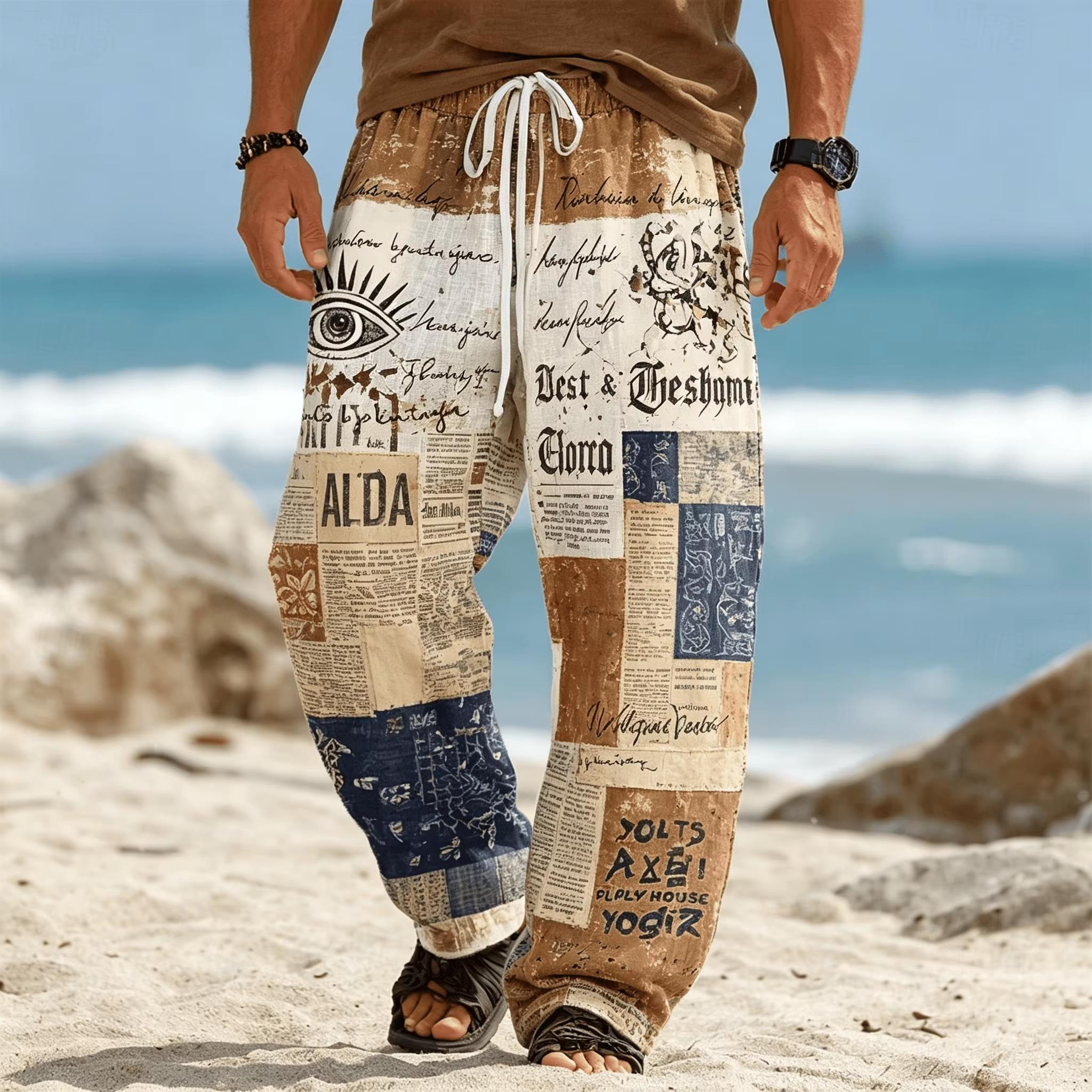Ethnic Fashion For Men - 夏のファッション新しいボヘミアンエスニックスタイルルーズストレートレッグパンツ男性と女性のためのアウトドアスポーツストリートカジュアル 3D パンツ