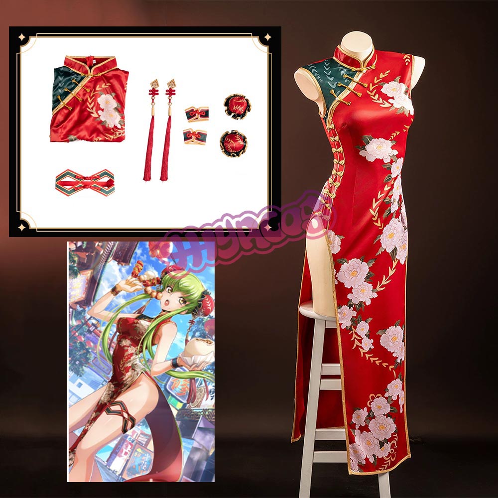 Ethnic Outfit - セクシーアニメ コードギアス 反逆のルルーシュ C.C. コスプレ衣装中国風の赤いチャイナドレス女性クリスマススーツ