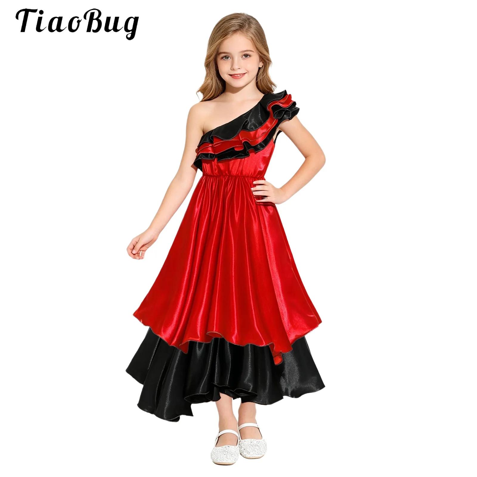 Ethnic Fashion Girls - エスニックブラジルダンサーガールズスペインフラメンコダンス衣装子供用ハロウィンワンショルダーフリル付きルンバサンバパフォーマンスドレス
