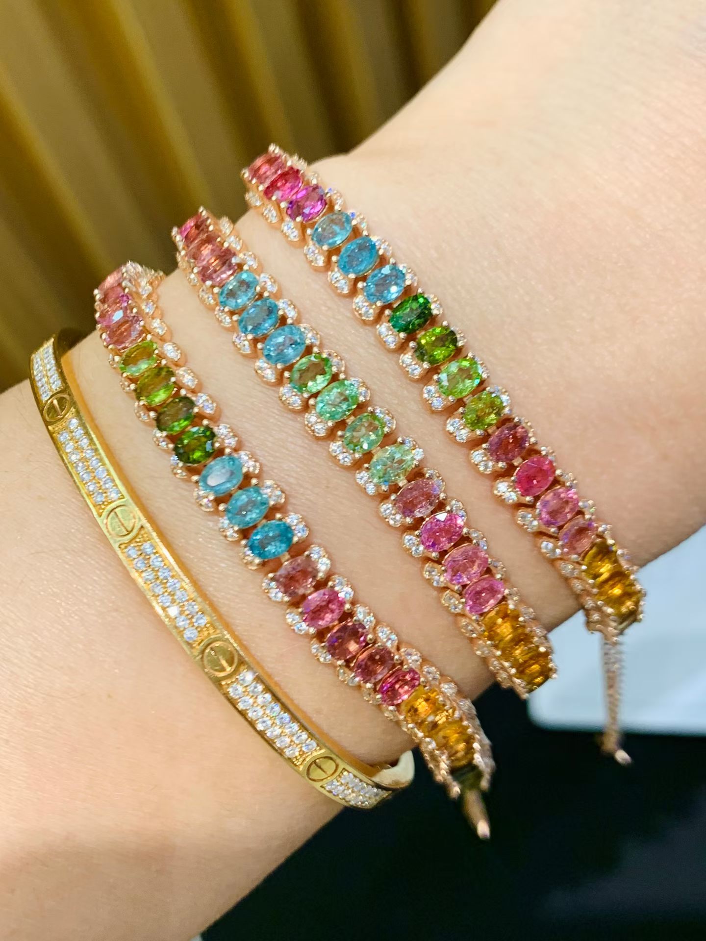 925シルバーメッキ18Kゴールド天然トルマリン宝石ブレスレ - Ethnic Fashion Boutique のレビューと価格