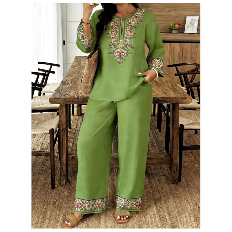ファッションレトロプリント長袖 O ネックシャツとズボンの女 - Ethnic Fashion For Ladies のレビューと価格