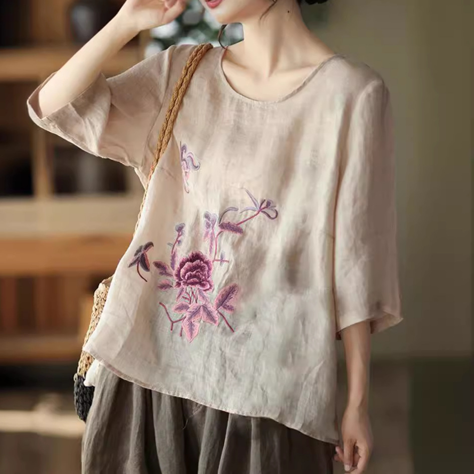 プラスサイズの女性の夏のレトロなブラウス綿麻薄手のオフィスレ - Ethnic Fashion For Ladies のレビューと価格