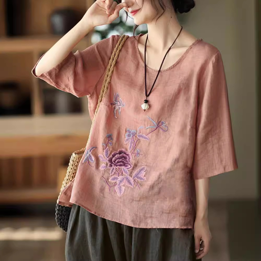 プラスサイズの女性の夏のレトロなブラウス綿麻薄手のオフィスレ - Ethnic Fashion For Ladies のレビューと価格