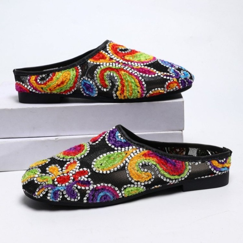 レトロスタイルエスニック刺繍刺繍スリッパ夏包頭ソフトソール外 - Ethnic Fashion For Ladies のレビューと価格