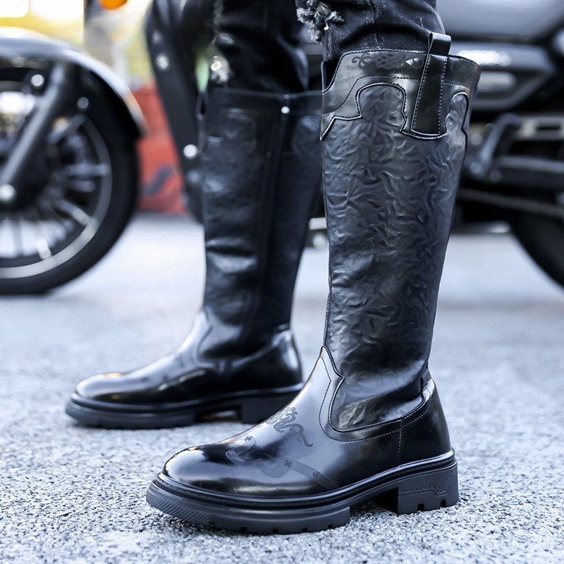 メンズミッドカーフブーツ高品質パテントレザーカジュアルロング - Ethnic Fashion For Men のレビューと価格