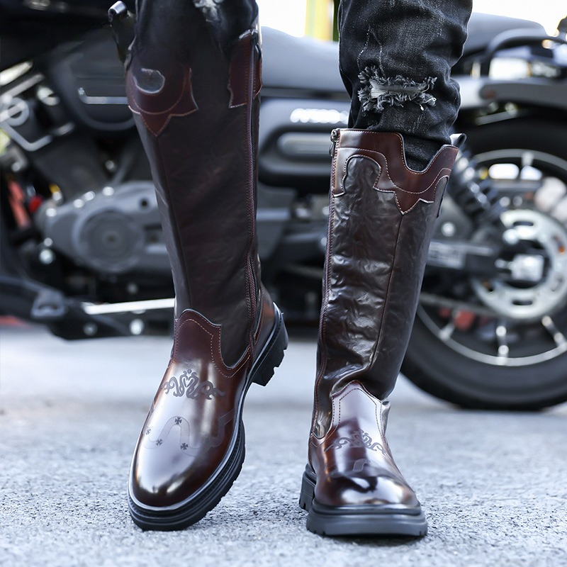 メンズミッドカーフブーツ高品質パテントレザーカジュアルロング - Ethnic Fashion For Men のレビューと価格