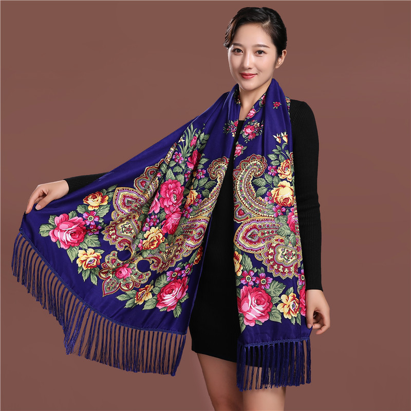 ロシアスタイル高級花プリント女性スカーフエスニック房ショール - Ethnic Fashion For Ladies のレビューと価格